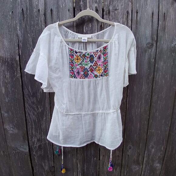 Lovestitch Tops - Lovestitch sz M embroidered cotton blouse tassel white multicolor
